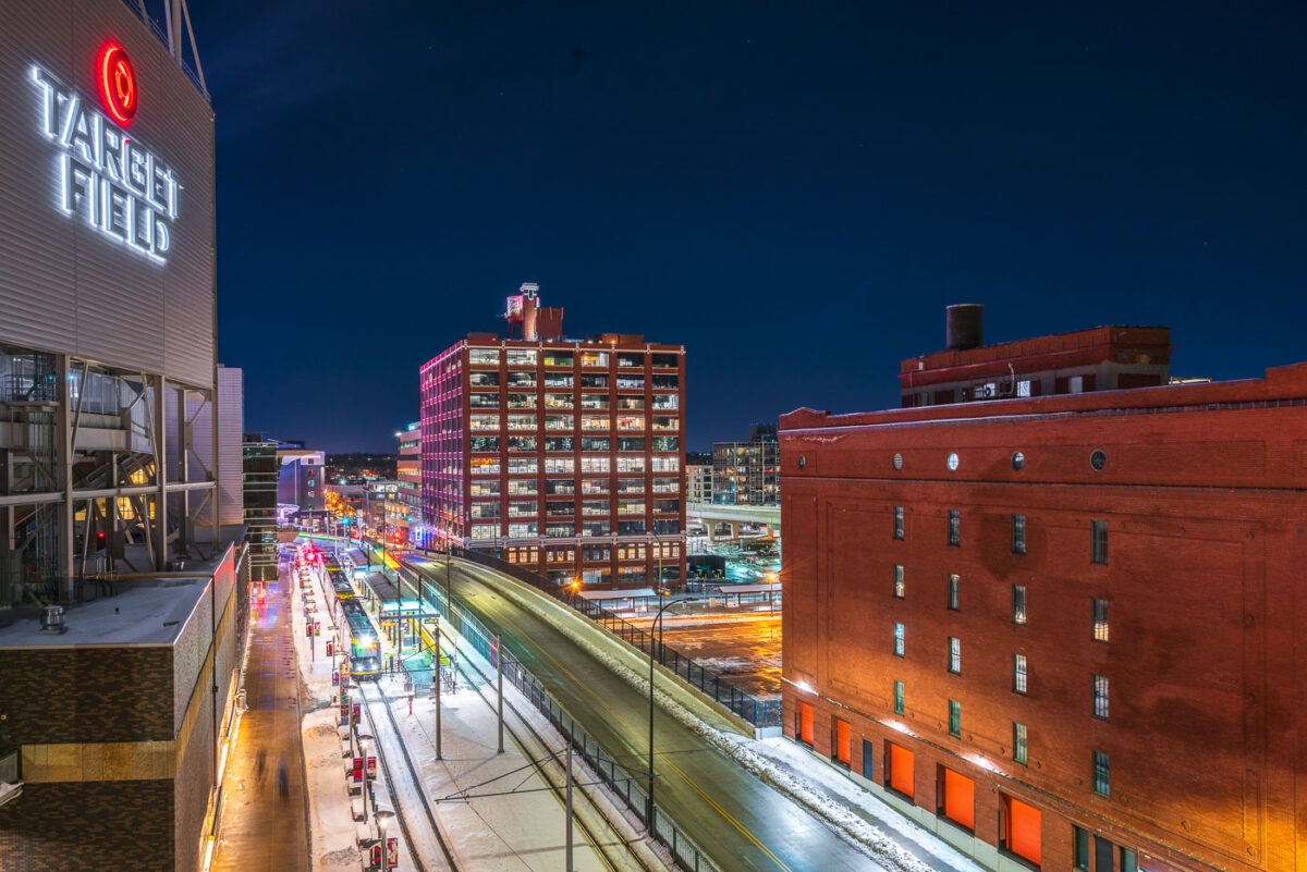 Target Field Station and Warehouse District at Night