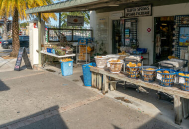 Shops selling sponges in Tarpon Springs, Florida.