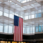 American flag hangs in the IDS center in downtown Minneapolis.