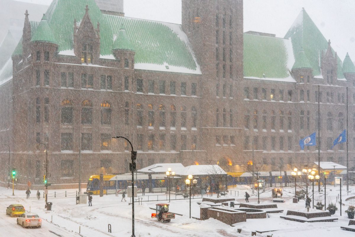 Minneapolis City Hall during heavy snow fall