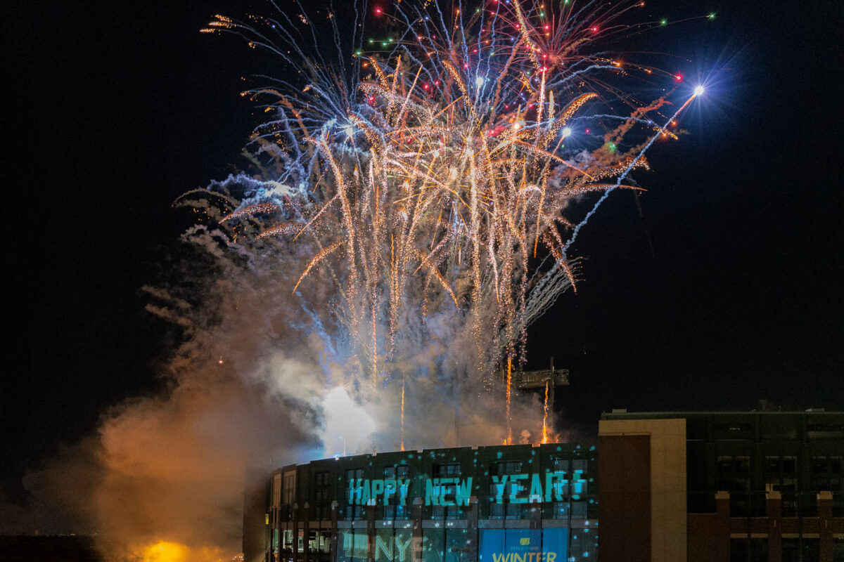 Fireworks at Lambeau Field on New Years Eve. The stadium is home to the NFL's Green Bay Packers.