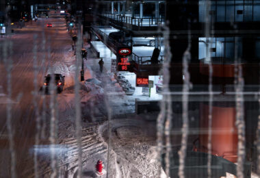 Ice covered skyway windows in downtown Minneapolis.