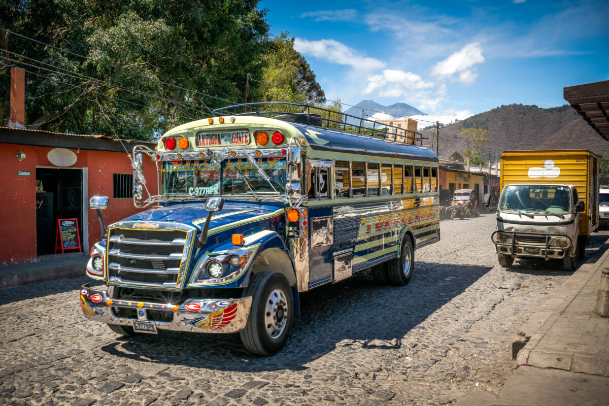 Antigua Guatemala Chicken Bus on Cobblestone Street
