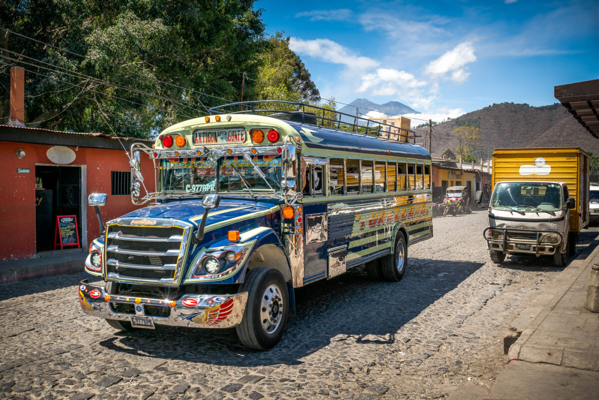 A Chicken Bus in Antigua Guatemala. The buses are commonly used as transportation in Latin America.