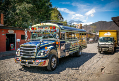 A Chicken Bus in Antigua Guatemala. The buses are commonly used as transportation in Latin America.