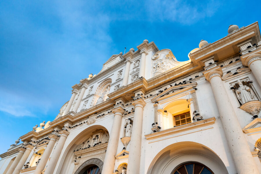 Antigua Guatemala Cathedral Facade with Pigeons
