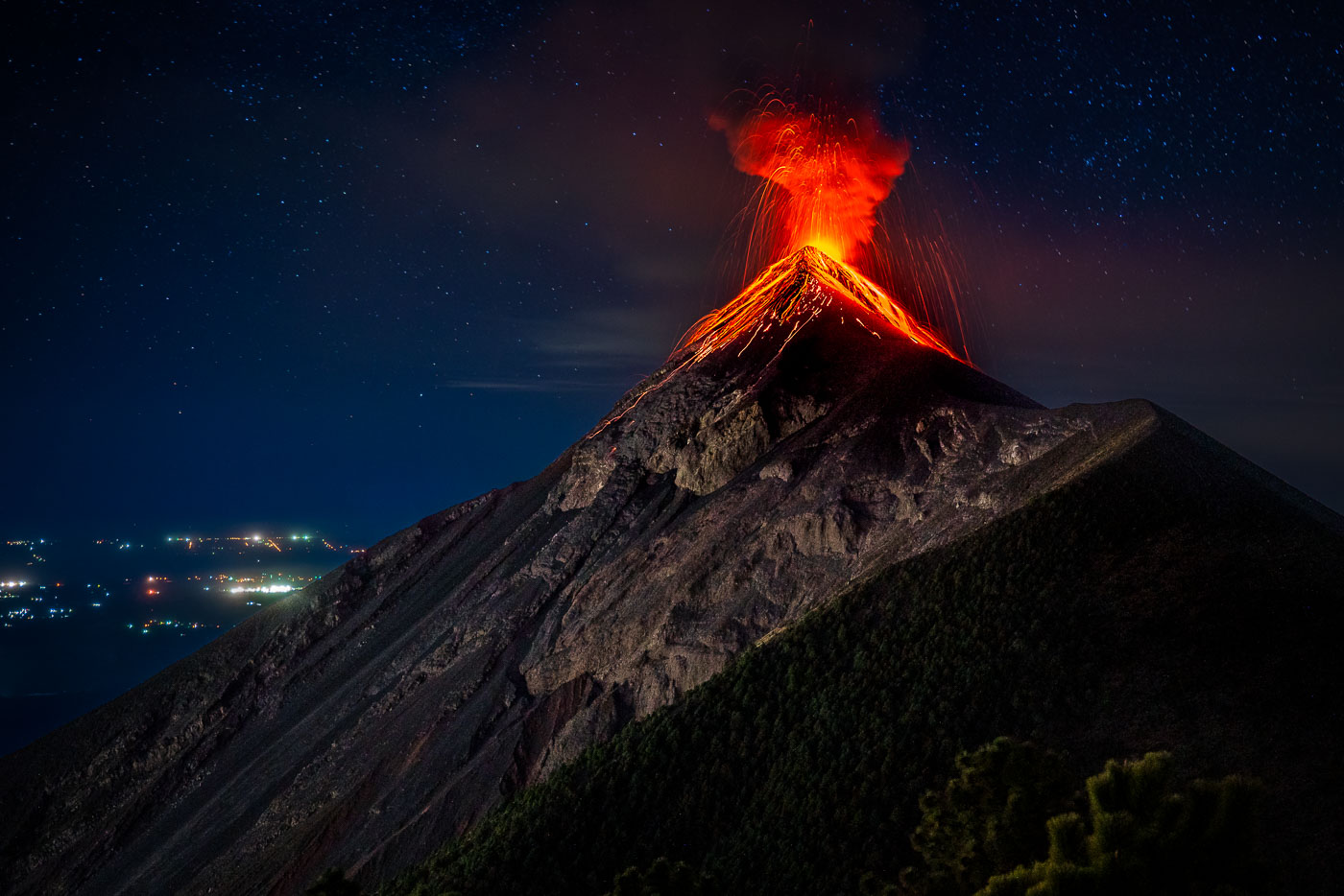 Fuego Volcano erupts at night in Guatemala