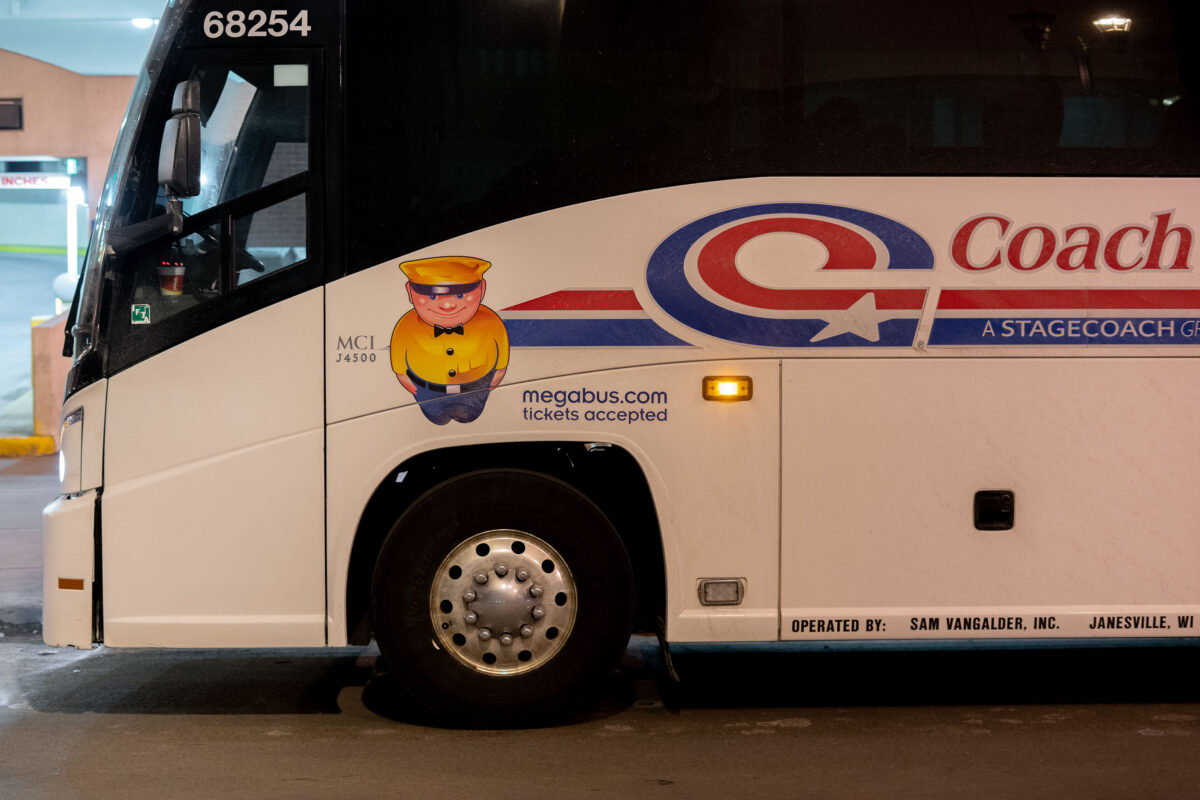 Coach USA Bus with Megabus Mascot, Janesville, WI