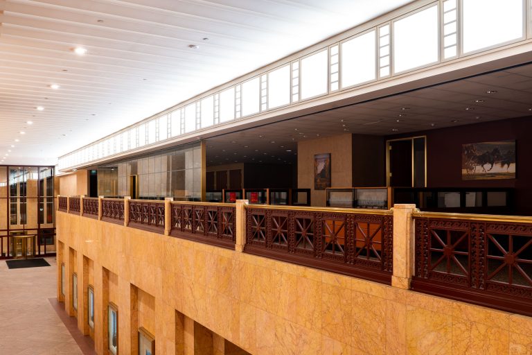Mezzanine Balcony, Wells Fargo History Museum, Minneapolis 2 Interior of the Wells Fargo Center Museum in downtown Minneapolis featuring wooden railings and gallery spaces.