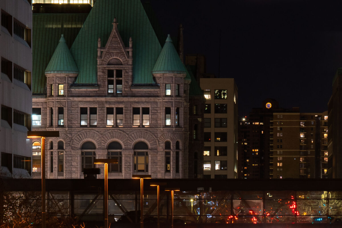 Minneapolis City Hall and skyway at night