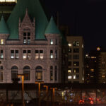 Minneapolis City Hall and a skyway on a February evening.