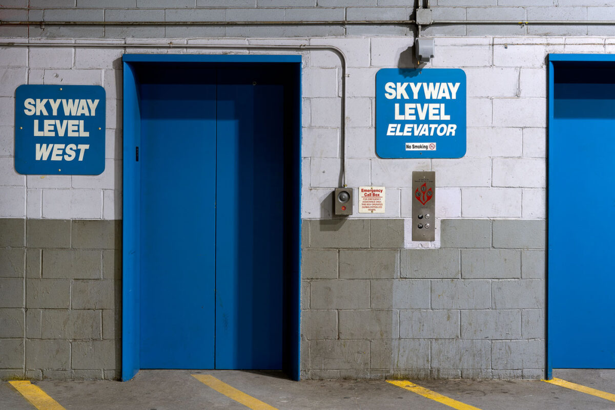 Skyway elevators in a parking ramp in downtown Minneapolis.