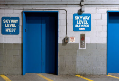Skyway elevators in a parking ramp in downtown Minneapolis.