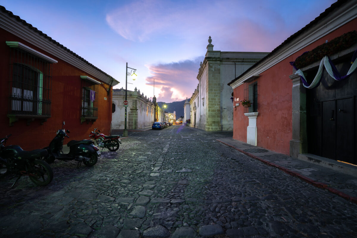Antigua Guatemala Cobblestone Street at Dusk