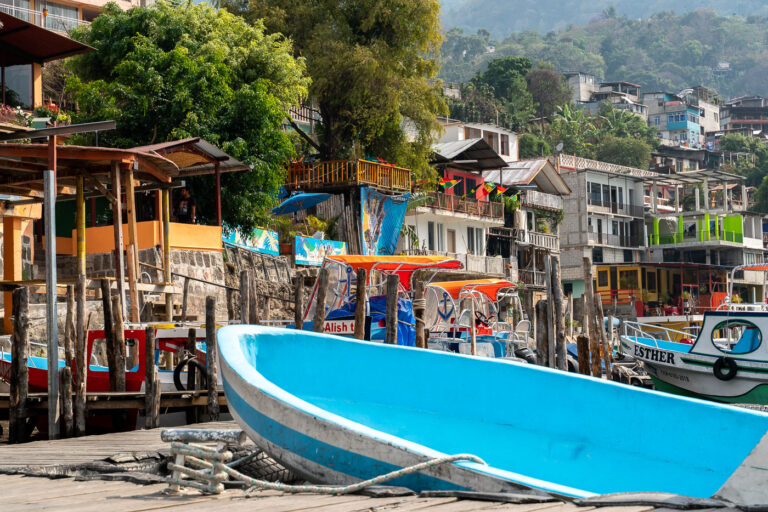 A boat on the shore of San Pedro, Guatemala 3 A boat at the dock in San Pedro, Guatemala.