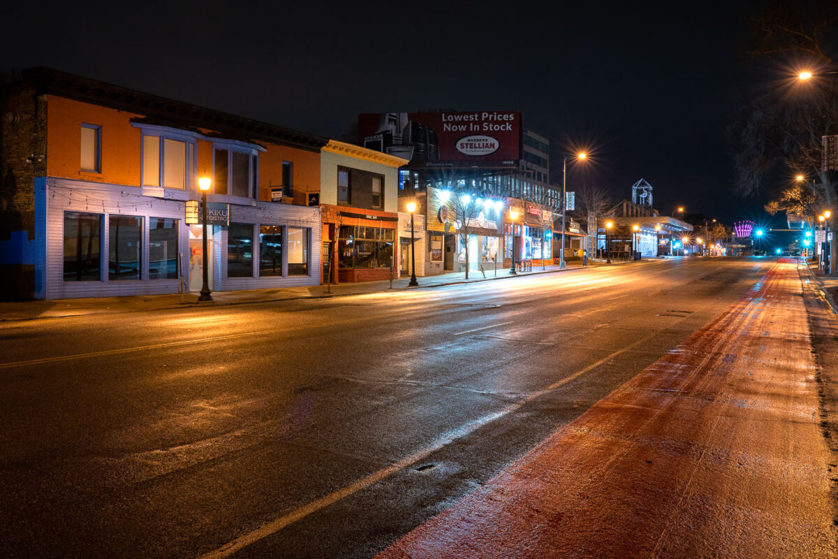 Hennepin Avenue in Uptown Minneapolis during the first night of Minnesota’s stay at home orders.
