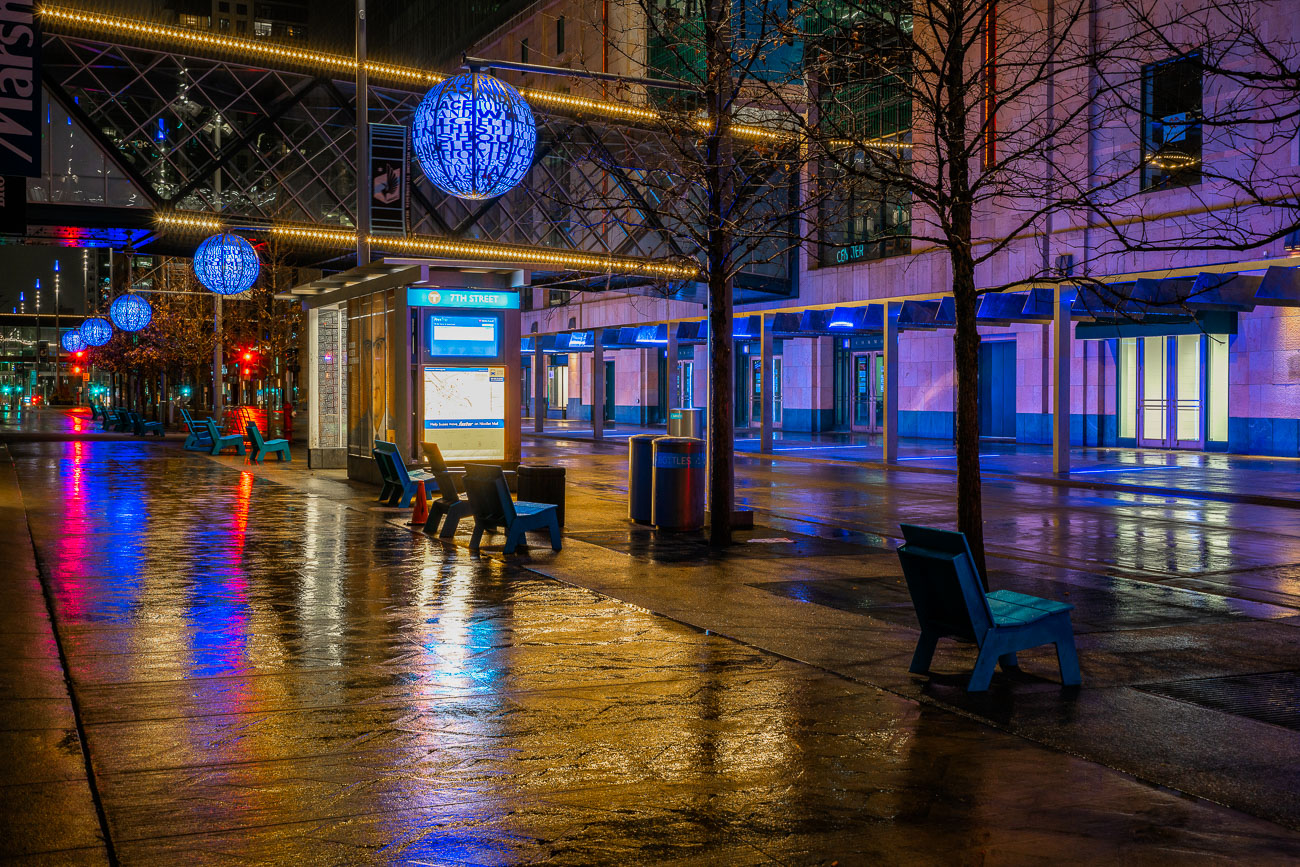 Rainy night on Nicollet Mall during early days of COVID-19 outbreak.