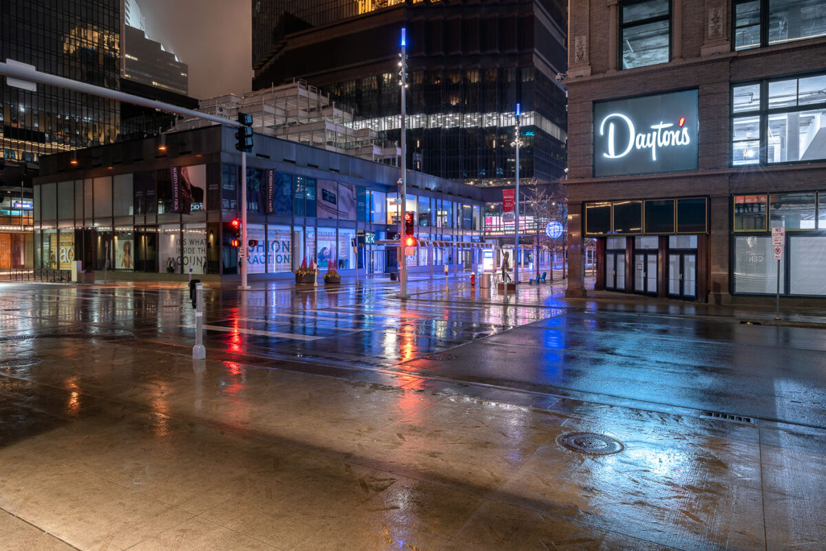 Dayton’s and the IDS Center on Nicollet Mall in the early days of COVID-19 in Downtown Minneapolis.