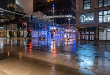 Dayton’s and the IDS Center on Nicollet Mall in the early days of COVID-19 in Downtown Minneapolis.