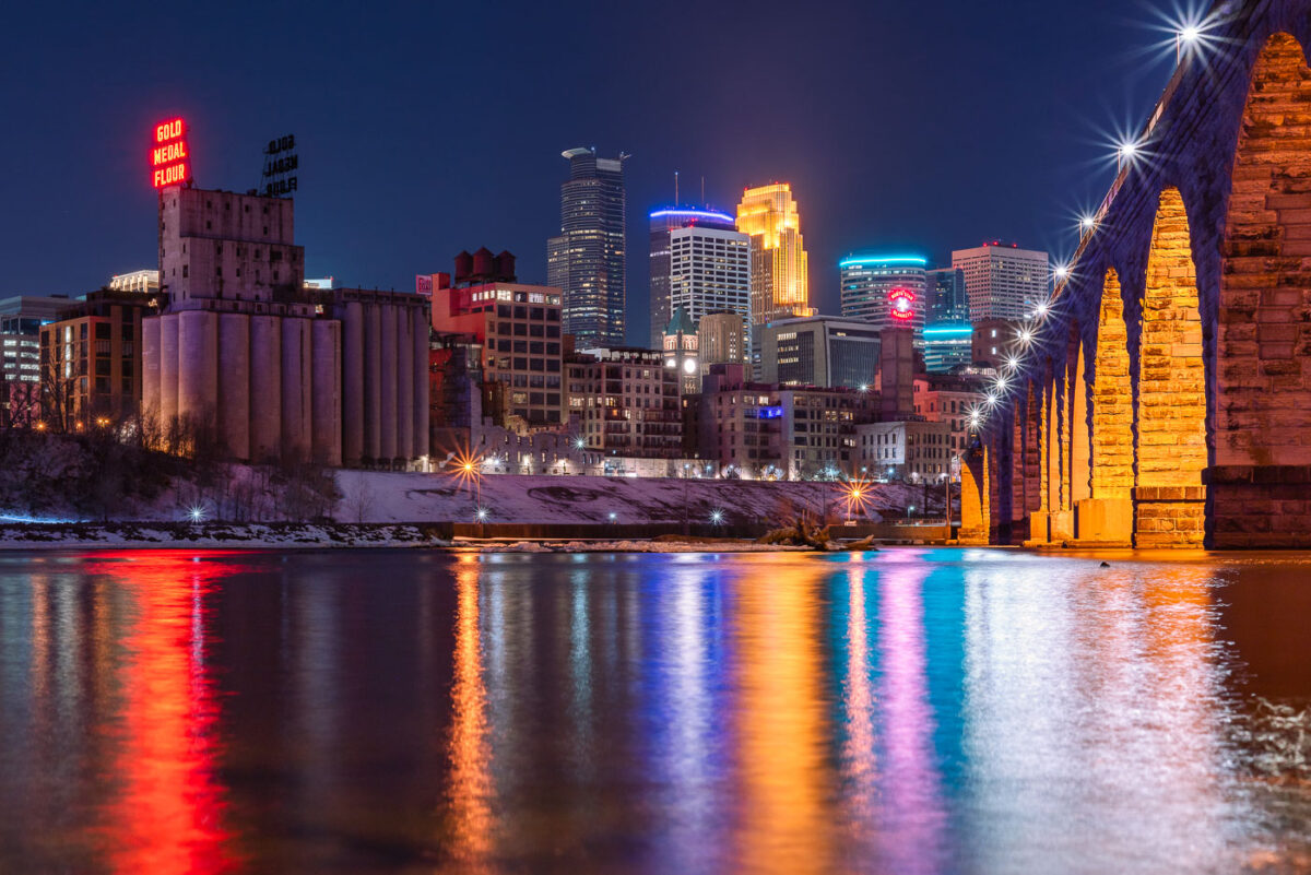 Downtown Minneapolis as seen from below the Stone Arch Bridge.