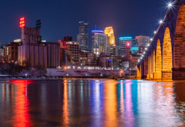 Downtown Minneapolis as seen from below the Stone Arch Bridge.