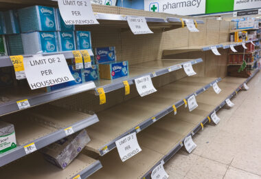 Empty shelves of toilet paper at a Walgreens in Minneapolis on March 16, 2020.