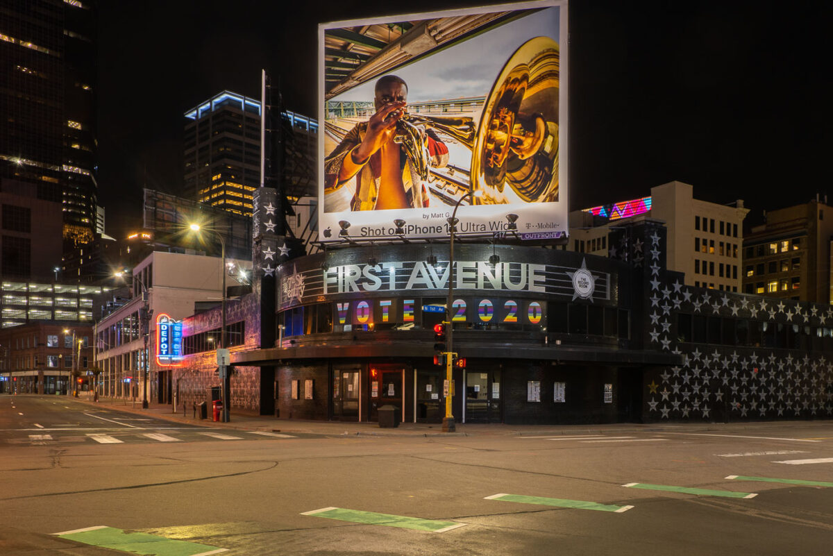 First Avenue concert venue in downtown Minneapolis with "VOTE 2020" in the windows.