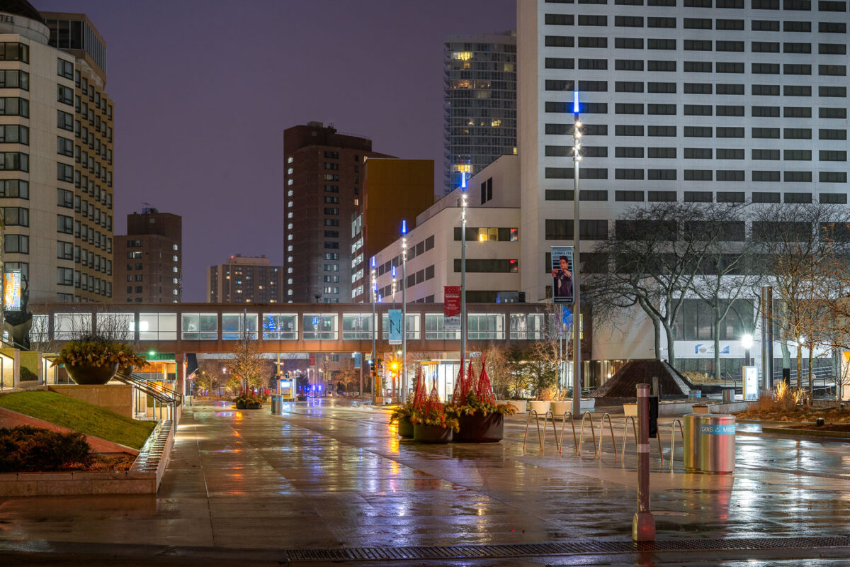 Nicollet Mall in Downtown Minneapolis on a rainy night during early days of COVID-19 outbreak.