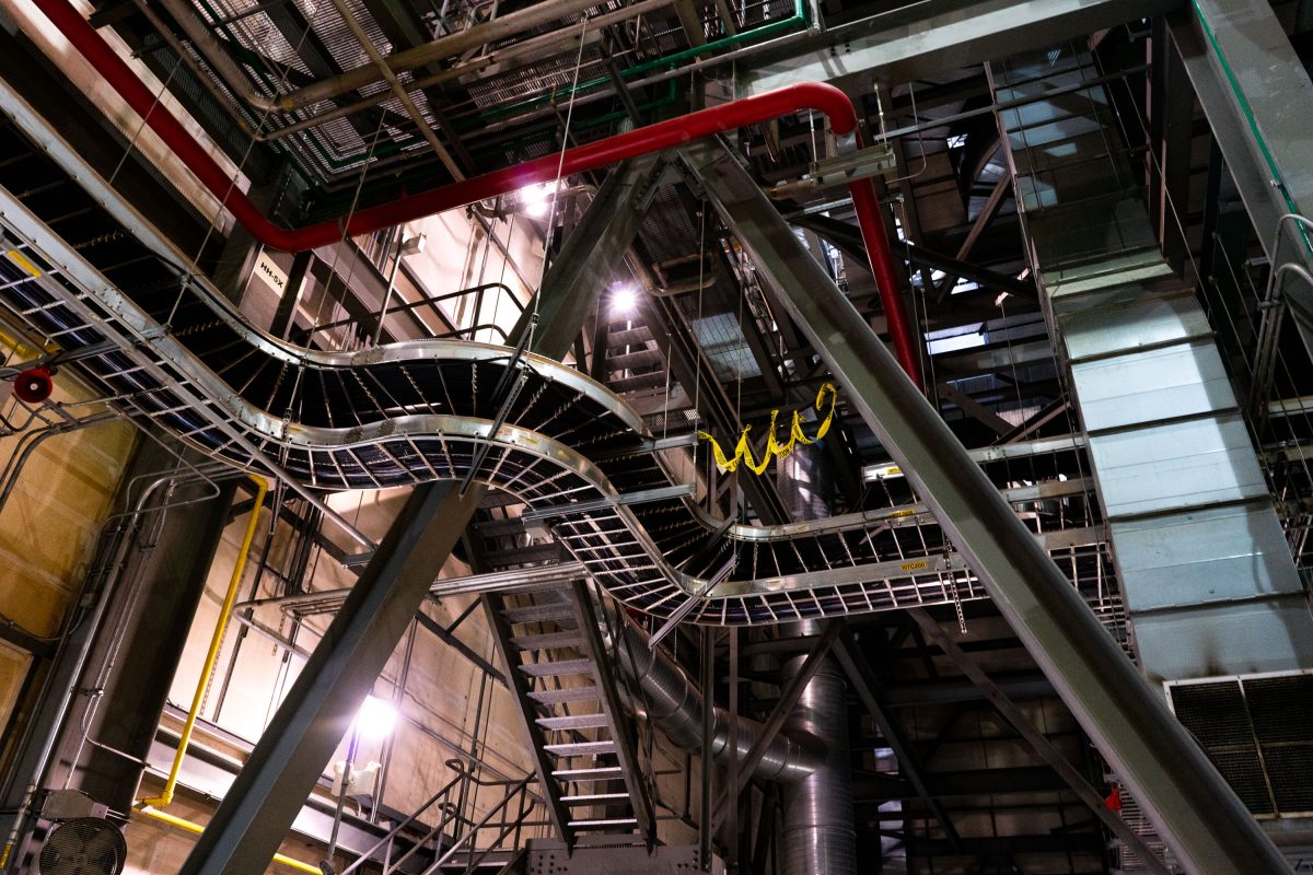 Steel catwalks, pipes, and ductwork inside Riverside Generating Station, an Xcel Energy power plant in Minneapolis.