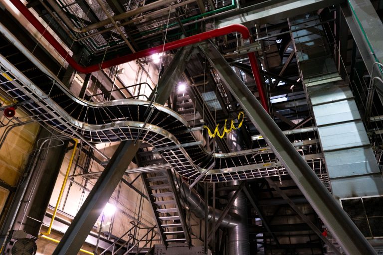 Interior Catwalks at Riverside Generating Station, Minneapolis 1 Steel catwalks, pipes, and ductwork inside Riverside Generating Station, an Xcel Energy power plant in Minneapolis.