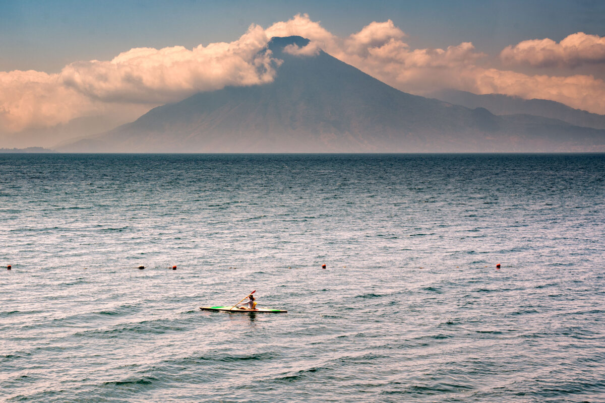 Kayak on Lake Atitlán, Guatemala, with Volcán Atitlán