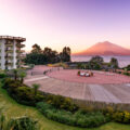 Volcán Tolimán and Volcán Atitlán as seen from Panajachel, Guatemala. Shot from Porta Hotel del Lago.