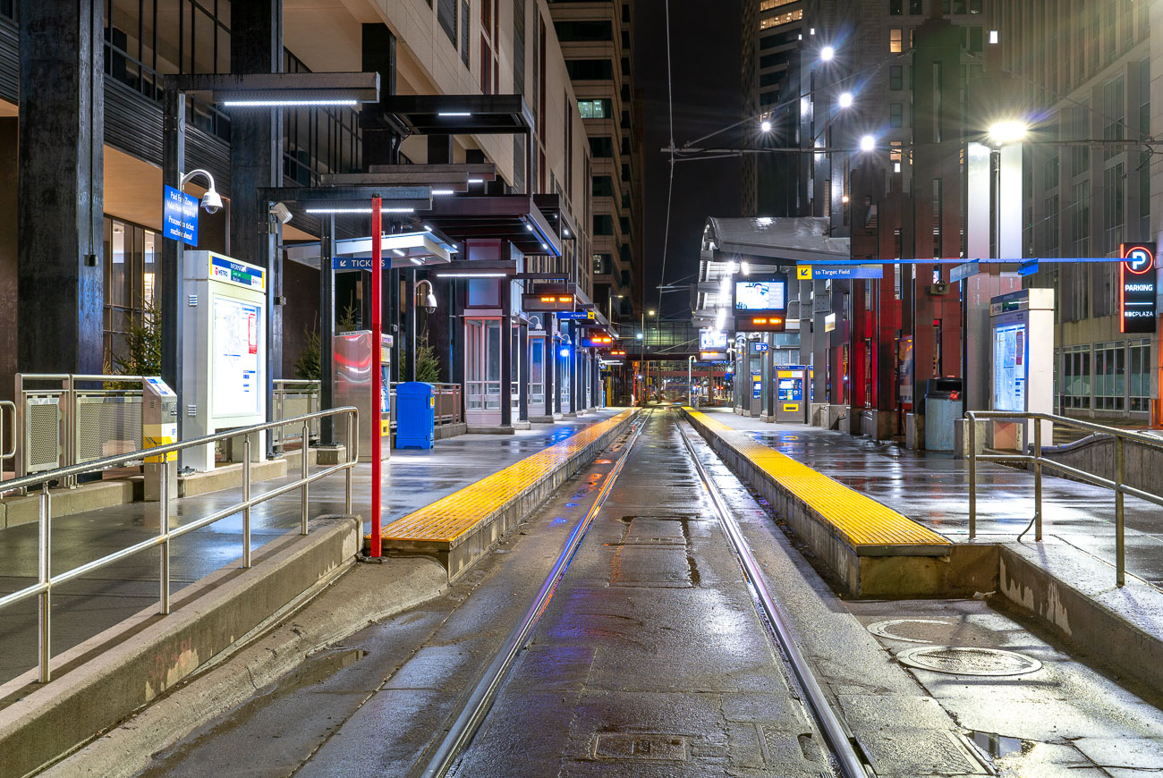 Nicollet Mall Light Rail Station on a rainy night in Downtown Minneapolis during Minnesota’s Stay At Home orders.