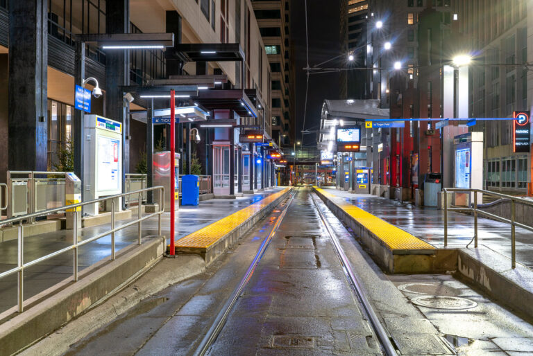 Nicollet Mall LRT Station during Stay At Home Orders 3 Nicollet Mall Light Rail Station on a rainy night in Downtown Minneapolis during Minnesota’s Stay At Home orders.