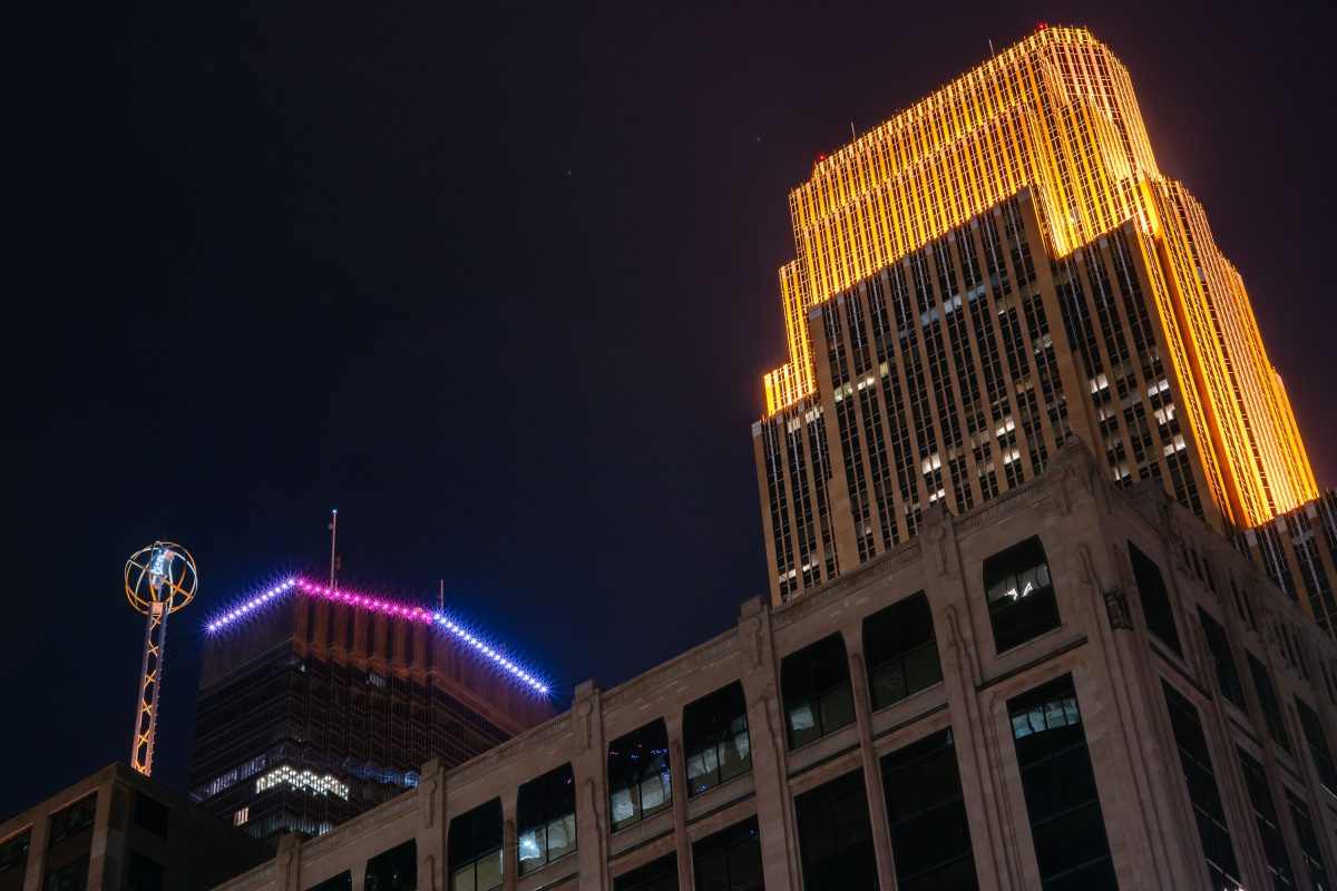 Northstar Center, IDS Center and Wells Fargo Center at night