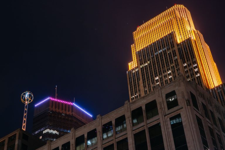 Northstar Center, IDS Center and Wells Fargo Center at night 2
