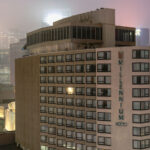 One hotel room light on at the Millennium Hotel 4 Millennium Hotel in downtown Minneapolis during the coronavirus outbreak. One room light in.