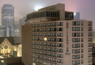 Millennium Hotel in downtown Minneapolis during the coronavirus outbreak. One room light in.