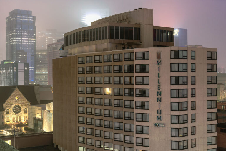 One hotel room light on at the Millennium Hotel 4 Millennium Hotel in downtown Minneapolis during the coronavirus outbreak. One room light in.