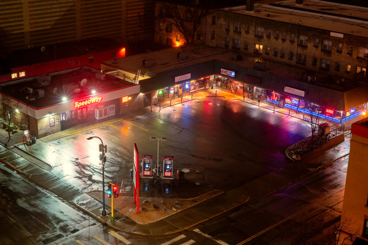 An empty Speedway gas station and strip mall in Loring Park during COVID-19 outbreak.