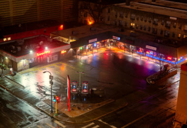 An empty Speedway gas station and strip mall in Loring Park during COVID-19 outbreak.