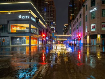 Rainy Night on Nicollet Mall, Downtown Minneapolis, Early COVID-19