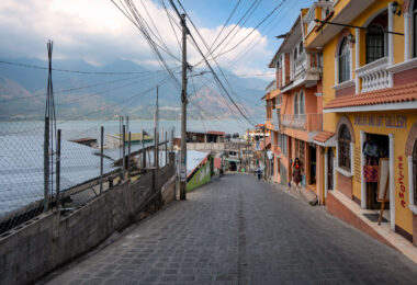 March 3, 2020 - San Pedro, Guatemala -- A woman walks in front of a jewelry and art gallery in San Pedro.