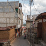 A motorcycle on a street in San Pedro, Guatemala.