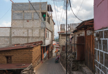 A motorcycle on a street in San Pedro, Guatemala.