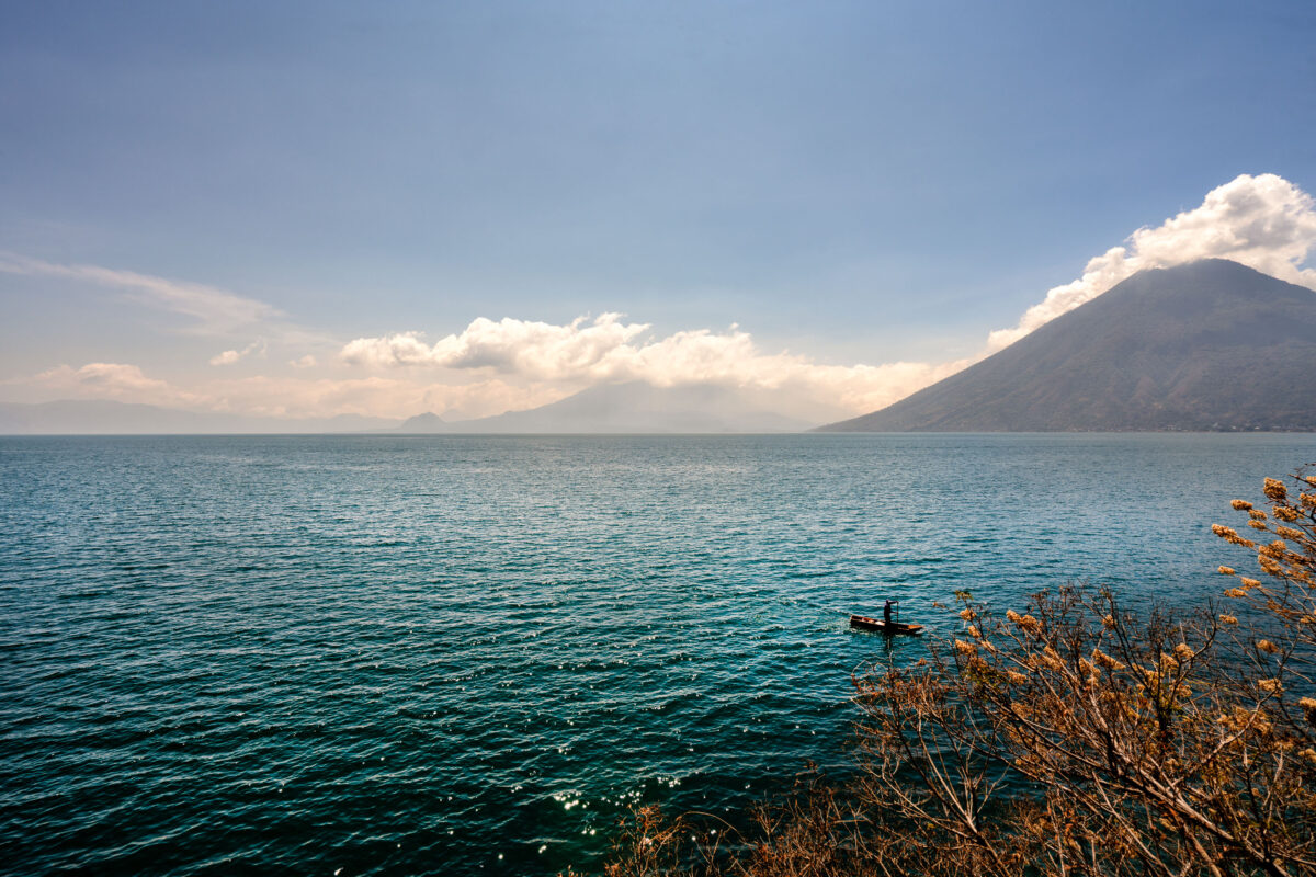 Kayak on Lake Atitlán, Guatemala with Volcano San Pedro