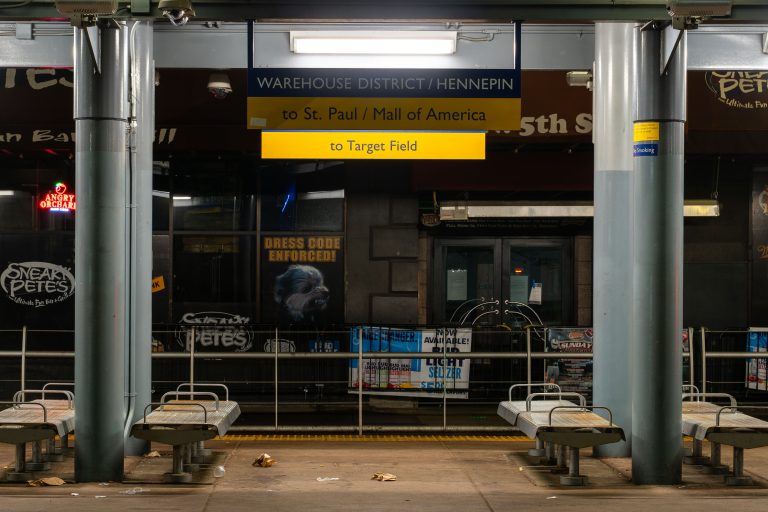 Warehouse District/Hennepin LRT Platform, Minneapolis 4 Empty light rail platform at Warehouse District/Hennepin Station in downtown Minneapolis at night.