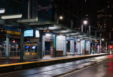 Warehouse District/Hennepin light rail station in Downtown Minneapolis in the hours after the Minnesota Stay At Home order went into effect.