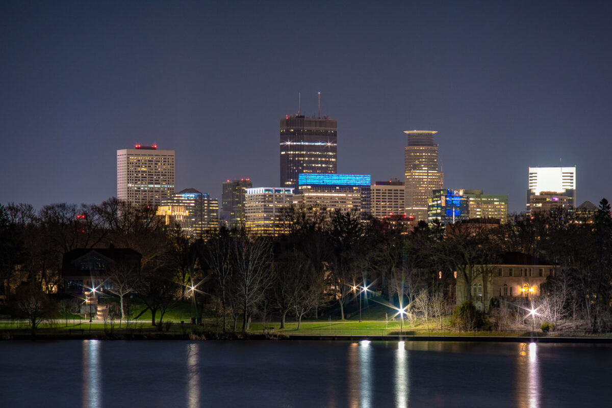 Downtown Minneapolis skyline as seen from Lake of the Isles.