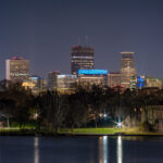 Downtown Minneapolis skyline as seen from Lake of the Isles.